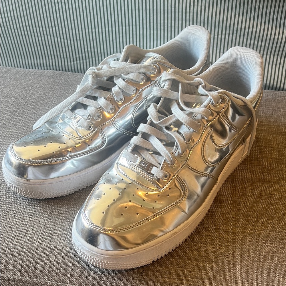 Nike Men's Metallic Silver Air Force Ones Sneakers